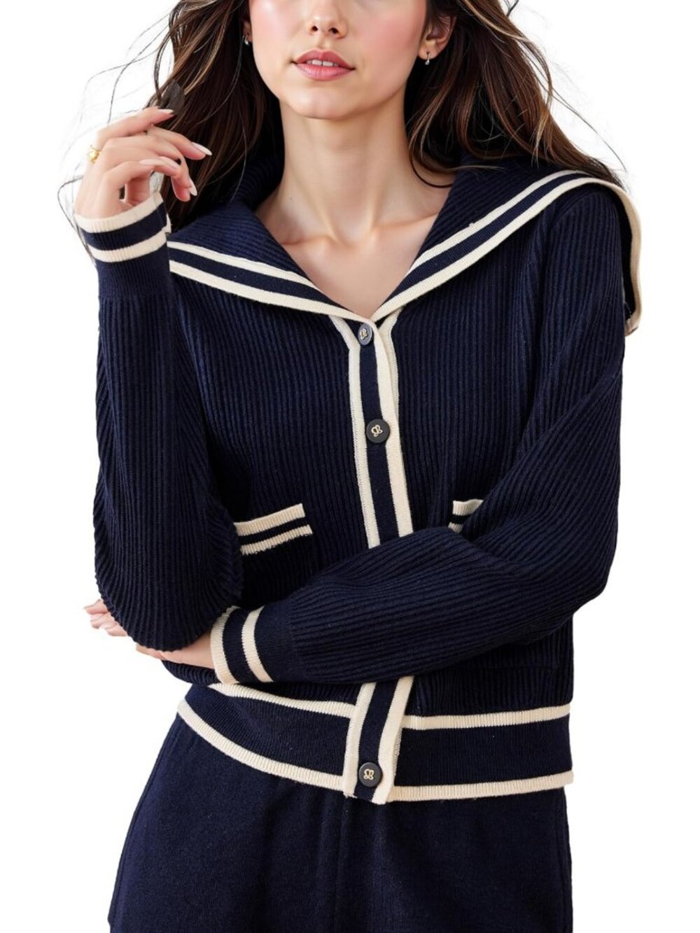 Sailor Collar Long Sleeve V-Neck Stripe Knit Top for Women - Cute & Comfy